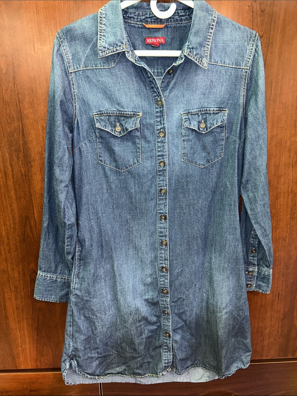 Merona sz M Denim Long-Sleeve Button-Front Shirt Dress in Blue